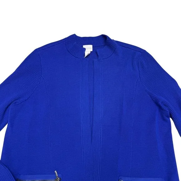 Chico's Women's Blue Knit Jacket Open Front Zipper Accents Ribbed, Size 2 /US L - Picture 3 of 8